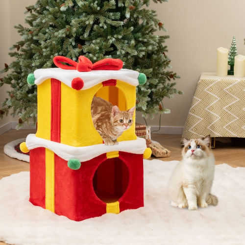 Gymax 2-Storey Cute Christmas Cat House w/ Bow 2 Condos Indoor Cat Furniture Modern