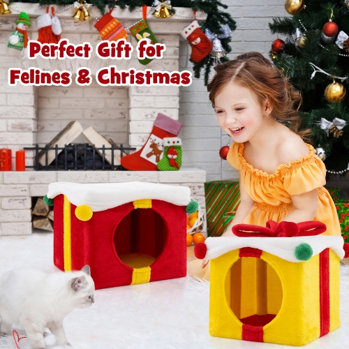 Gymax 2-Storey Cute Christmas Cat House w/ Bow 2 Condos Indoor Cat Furniture Modern