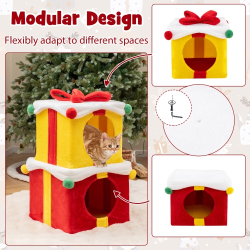Gymax 2-Storey Cute Christmas Cat House w/ Bow 2 Condos Indoor Cat Furniture Modern