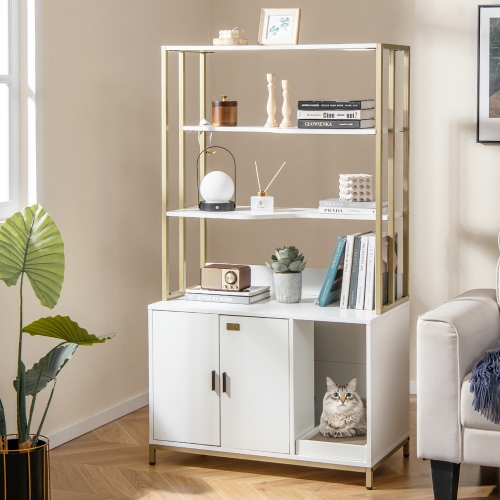 Gymax 61'' Cat Litter Box Enclosure w/ Storage 3-tier Shelves Side Entrance