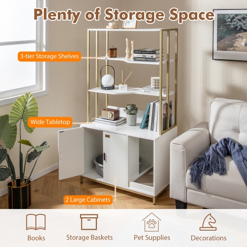 Gymax 61'' Cat Litter Box Enclosure w/ Storage 3-tier Shelves Side Entrance