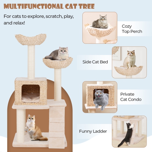 Gymax 48'' Cattail Cat Tower w/ Sisal Scratching Posts Perch Condo Basket Bed Ladder