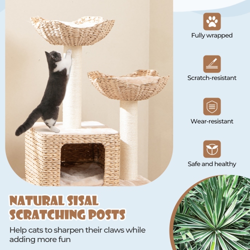 Gymax 48'' Cattail Cat Tower w/ Sisal Scratching Posts Perch Condo Basket Bed Ladder