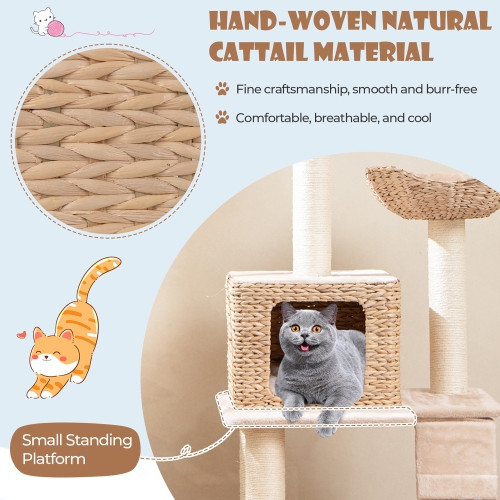 Gymax 48'' Cattail Cat Tower w/ Sisal Scratching Posts Perch Condo Basket Bed Ladder