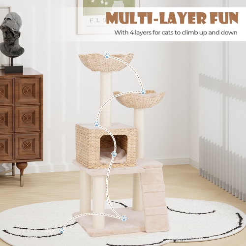 Gymax 48'' Cattail Cat Tower w/ Sisal Scratching Posts Perch Condo Basket Bed Ladder