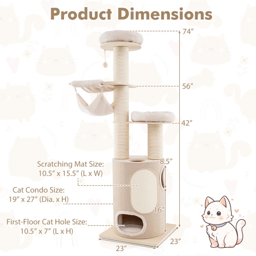 Gymax PETSJOY 74'' Tall Wooden Cat Tower Tree w/ 2-Story Cat Condo 2-Style Hammocks