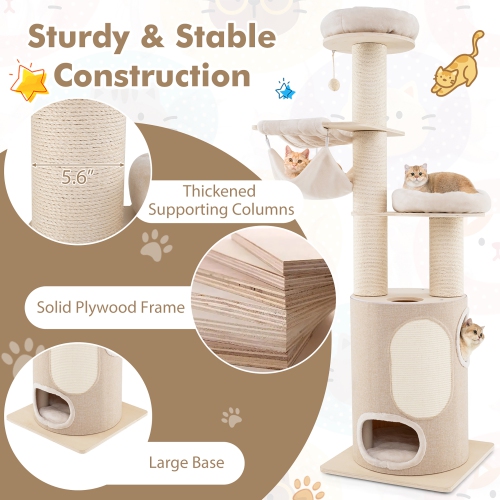 Gymax PETSJOY 74'' Tall Wooden Cat Tower Tree w/ 2-Story Cat Condo 2-Style Hammocks