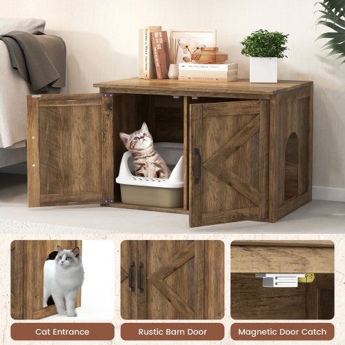 Gymax Cat Litter Box Enclosure w/ Double Barn Doors Removable Divider Middle Entry
