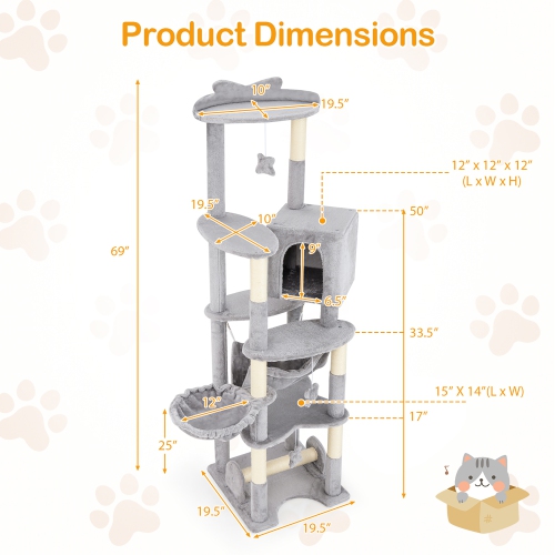 Gymax 69'' Tall Cat Tree w/ Top Perch Cozy Condo Basket Bed Hammock Basket Bed Indoor