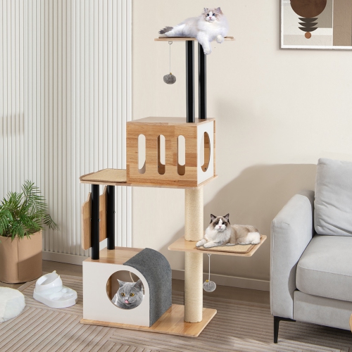 Gymax Wood Cat Tree w/Dual Cat Condos Sturdy Metal Tubes Frame Sisal Scratching Posts