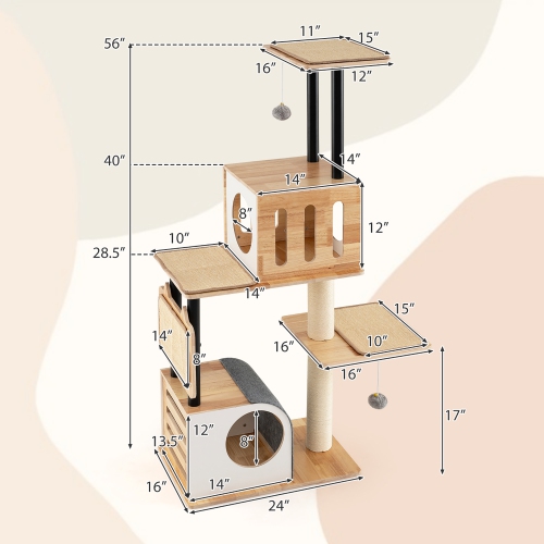 Gymax Wood Cat Tree w/Dual Cat Condos Sturdy Metal Tubes Frame Sisal Scratching Posts