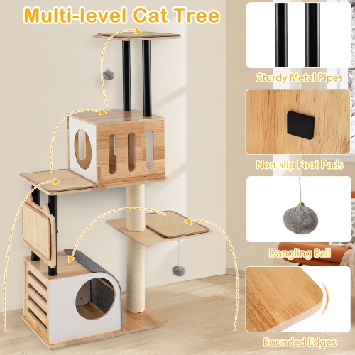 Gymax Wood Cat Tree w/Dual Cat Condos Sturdy Metal Tubes Frame Sisal Scratching Posts