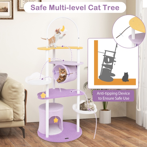 Gymax 62'' Multi-level Cat Tree w/ Moon-Shaped Top Perch Cloud-Shaped Jumping Platform