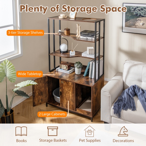 Gymax 61'' Cat Litter Box Enclosure w/ Storage 3-tier Shelves Side Entrance