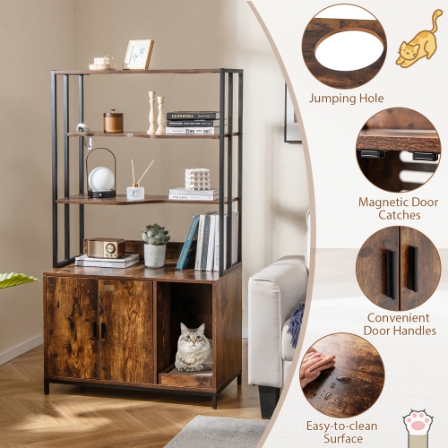Gymax 61'' Cat Litter Box Enclosure w/ Storage 3-tier Shelves Side Entrance