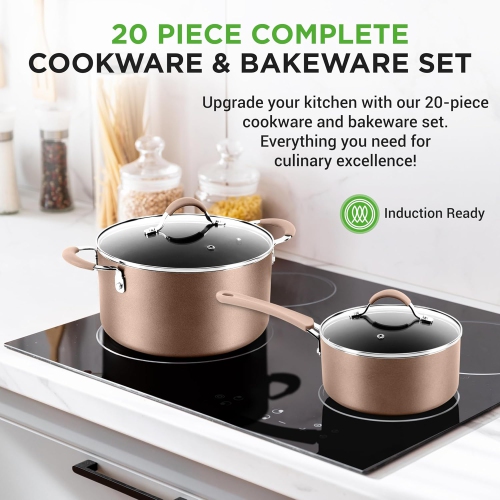 NutriChef 20-Piece Nonstick Kitchen Cookware Set - PFOA/PFOS-Free Heat Resistant Lacquer Kitchen Ware Pots Baking Pan Set w/ Saucepan, Frying Pans,
