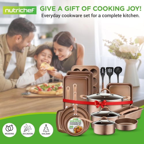 NutriChef 20-Piece Nonstick Kitchen Cookware Set - PFOA/PFOS-Free Heat Resistant Lacquer Kitchen Ware Pots Baking Pan Set w/ Saucepan, Frying Pans,