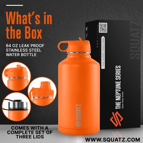 SQUATZ 64 Oz Neptune Series Steel Water Bottle, Stainless Double Wall Vacuum Insulated Flask with Handle Strap, Durable and Elegant Leak Proof Wide
