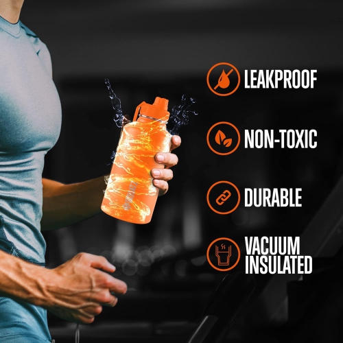 SQUATZ 64 Oz Neptune Series Steel Water Bottle, Stainless Double Wall Vacuum Insulated Flask with Handle Strap, Durable and Elegant Leak Proof Wide