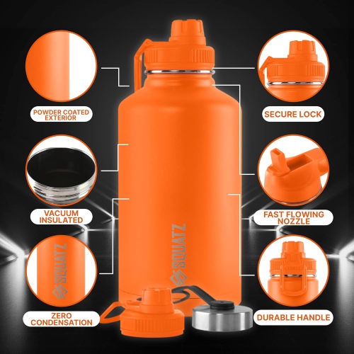 SQUATZ 64 Oz Neptune Series Steel Water Bottle, Stainless Double Wall Vacuum Insulated Flask with Handle Strap, Durable and Elegant Leak Proof Wide