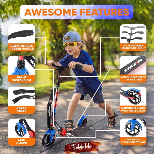 Hurtle Renegade Kick Scooters for Kids Teenagers Adults- 2 Wheel Kids Scooter with Adjustable T-Bar Handlebar - Portable Folding Scooters for Kids