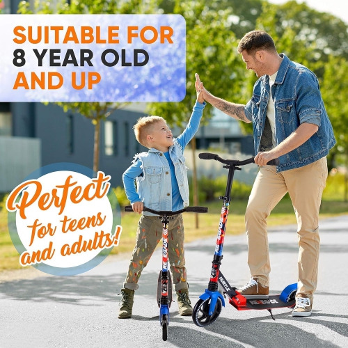 Hurtle Renegade Kick Scooters for Kids Teenagers Adults- 2 Wheel Kids Scooter with Adjustable T-Bar Handlebar - Portable Folding Scooters for Kids
