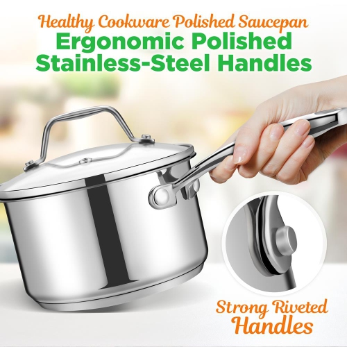 Stainless Steel Cookware Saucepan - 2 Quart, Heavy Duty Induction Pot, Saucepan With Lid