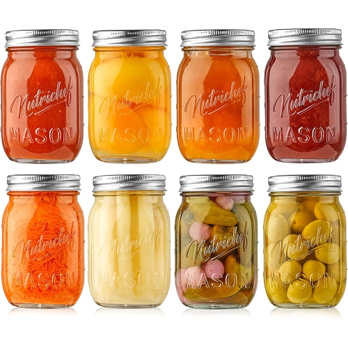 NutriChef 8-Pack 16 oz Mason Jars with Lids - Thick Glass Canning Jars with Stainless Steel Lids - Ideal for DIY Spices, Meal Prep, Overnight Oats,