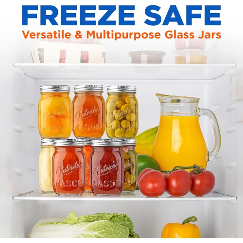 NutriChef 8-Pack 16 oz Mason Jars with Lids - Thick Glass Canning Jars with Stainless Steel Lids - Ideal for DIY Spices, Meal Prep, Overnight Oats,