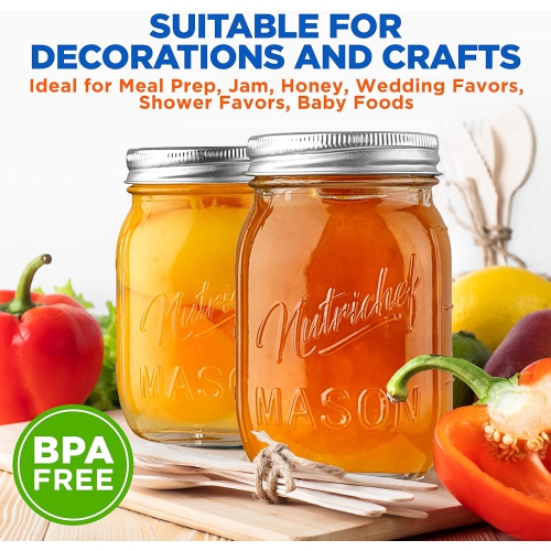 NutriChef 8-Pack 16 oz Mason Jars with Lids - Thick Glass Canning Jars with Stainless Steel Lids - Ideal for DIY Spices, Meal Prep, Overnight Oats,