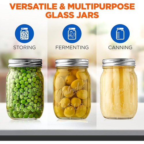 NutriChef 8-Pack 16 oz Mason Jars with Lids - Thick Glass Canning Jars with Stainless Steel Lids - Ideal for DIY Spices, Meal Prep, Overnight Oats,