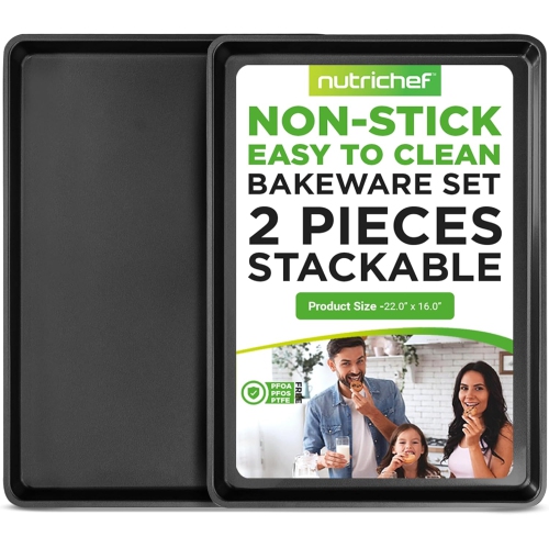 NutriChef 2-Piece XL Mega Cookie Sheet Baking Pans Set - 22" x 16" Extra Large Nonstick Carbon Steel Oven Baking Tray Pans, Stackable Bakeware, Black