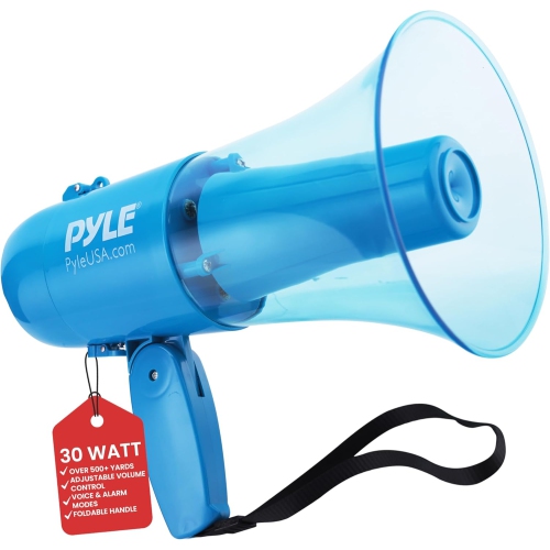 PYLE  30W Water Proof Megaphone Siren Bullhorn Speaker, Battery Portable Bullhorn for Indoor & Outdoor Use, 500 Square Yards Range, 4 C Batteries