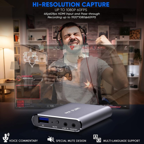 PyleUsa Capture Card - Full HD 1080p 4K HDMI-to-USB Audio-Video Via DSLR Camcorder Action Cam, Ultra Low Latency, Record to Computer for Gaming,
