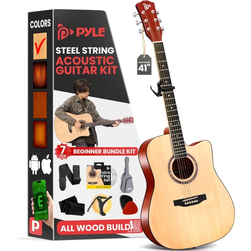 PYLE 41” Acoustic Guitar – 4/4 Standard Full Size Cutaway Dreadnought Guitar, Natural Matte Finish, w/Starter Bundle Kit, Gig Bag, Tuner, Steel