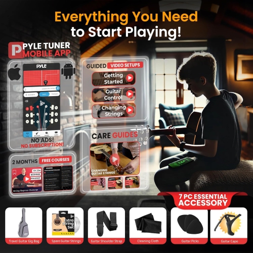 PYLE 41” Acoustic Guitar – 4/4 Standard Full Size Cutaway Dreadnought Guitar, Natural Matte Finish, w/Starter Bundle Kit, Gig Bag, Tuner, Steel