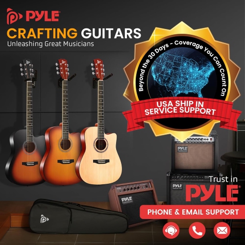 PYLE 41” Acoustic Guitar – 4/4 Standard Full Size Cutaway Dreadnought Guitar, Natural Matte Finish, w/Starter Bundle Kit, Gig Bag, Tuner, Steel