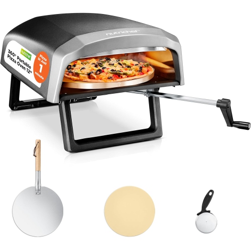 Nutrichef Outdoor Pizza Oven - Manual 360° Rotating Pizza Stone - Adjustable Heat - Includes Pizza Peel, Pizza Cutter, Stone, Cover, & Hose - Cook