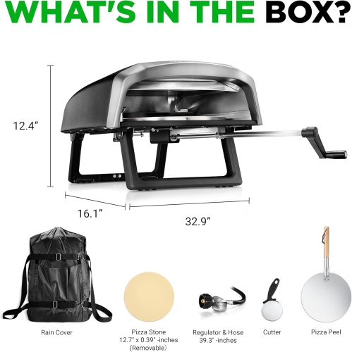 Nutrichef Outdoor Pizza Oven - Manual 360° Rotating Pizza Stone - Adjustable Heat - Includes Pizza Peel, Pizza Cutter, Stone, Cover, & Hose - Cook