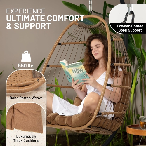 Chaise à oeufs suspendue avec support de SereneLife - Jusqu'à 550&nbsp;lb de capacité - Magnifique panier pivotant avec base en osier rotin et cadre