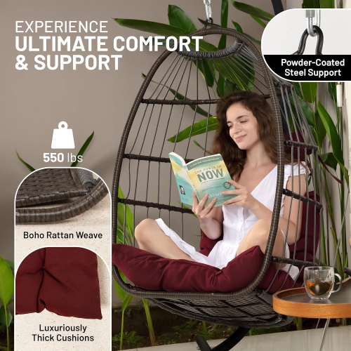 Chaise à oeufs suspendue avec support de SereneLife - Jusqu'à 550&nbsp;lb de capacité - Magnifique panier pivotant avec base en osier rotin et cadre