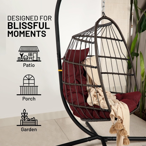 Chaise à oeufs suspendue avec support de SereneLife - Jusqu'à 550&nbsp;lb de capacité - Magnifique panier pivotant avec base en osier rotin et cadre