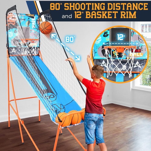 SereneLife Single Hoop Basketball Shootout Indoor Home Arcade Room Game with Electronic LED Digital Basket Ball Shot Scoreboard&Play Timer Fold-up