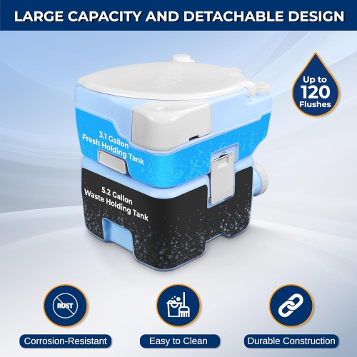 SereneLife 5.2 Gallon Portable Camping Toilet with Plastic Funnel, Hand Spray, Diagonal Seat and Mobile Holder for Adults, Portable Potty for