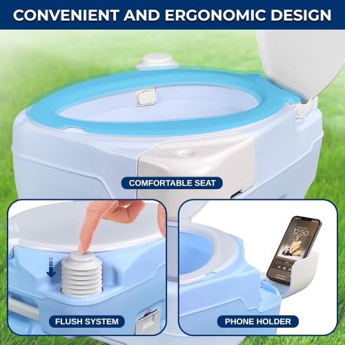 SereneLife 3.9 Gallon Portable Camping Toilet with Plastic Funnel, Hand Spray, Diagonal Seat, Storage Box for Phone, Portable Potty for Adults,