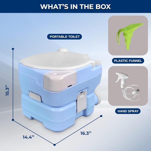 SereneLife 3.9 Gallon Portable Camping Toilet with Plastic Funnel, Hand Spray, Diagonal Seat, Storage Box for Phone, Portable Potty for Adults,