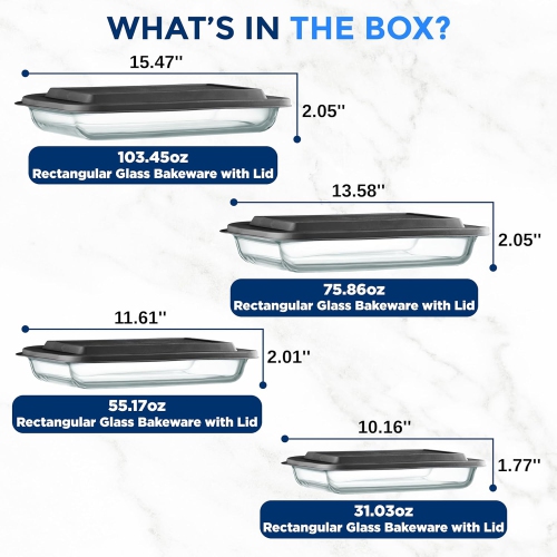 SereneLife 4-Piece Glass Baking Dish with Lids Set - Heavy Duty Rectangular Glass Baking Pan with BPA-Free Lids, Oven-Safe Bakeware for Lasagna,