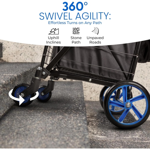SereneLife Folding Utility Cart with 360° Swivel Wheels, 110 lb Capacity, Portable & Collapsible for Groceries, Laundry, Luggage