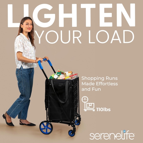 SereneLife Folding Utility Cart with 360° Swivel Wheels, 110 lb Capacity, Portable & Collapsible for Groceries, Laundry, Luggage