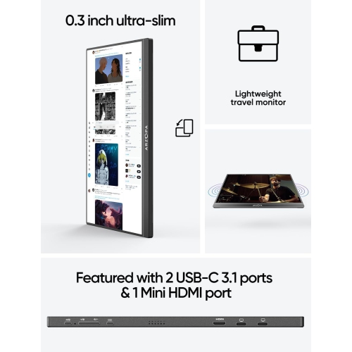 ARZOPA Portable Monitor, 15.6'' 1080P FHD Laptop Monitor USB C HDMI Computer Display HDR Eye Care External Screen w/Smart Cover for Mac Phone Xbox